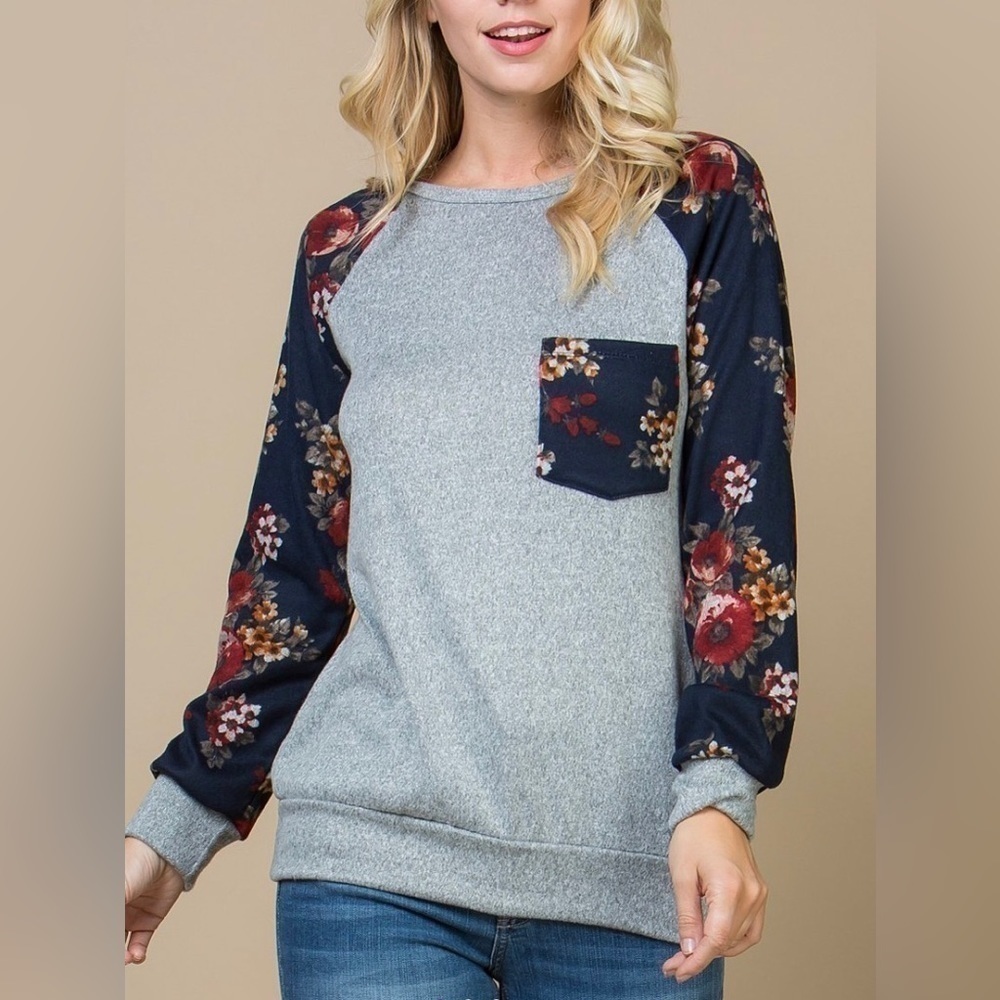 Grey Raglan Shirt with Floral Sleeves